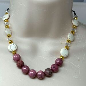 Handmade Beaded Necklace Pink Rhodonite Gemstone with White Magnesite and Glass